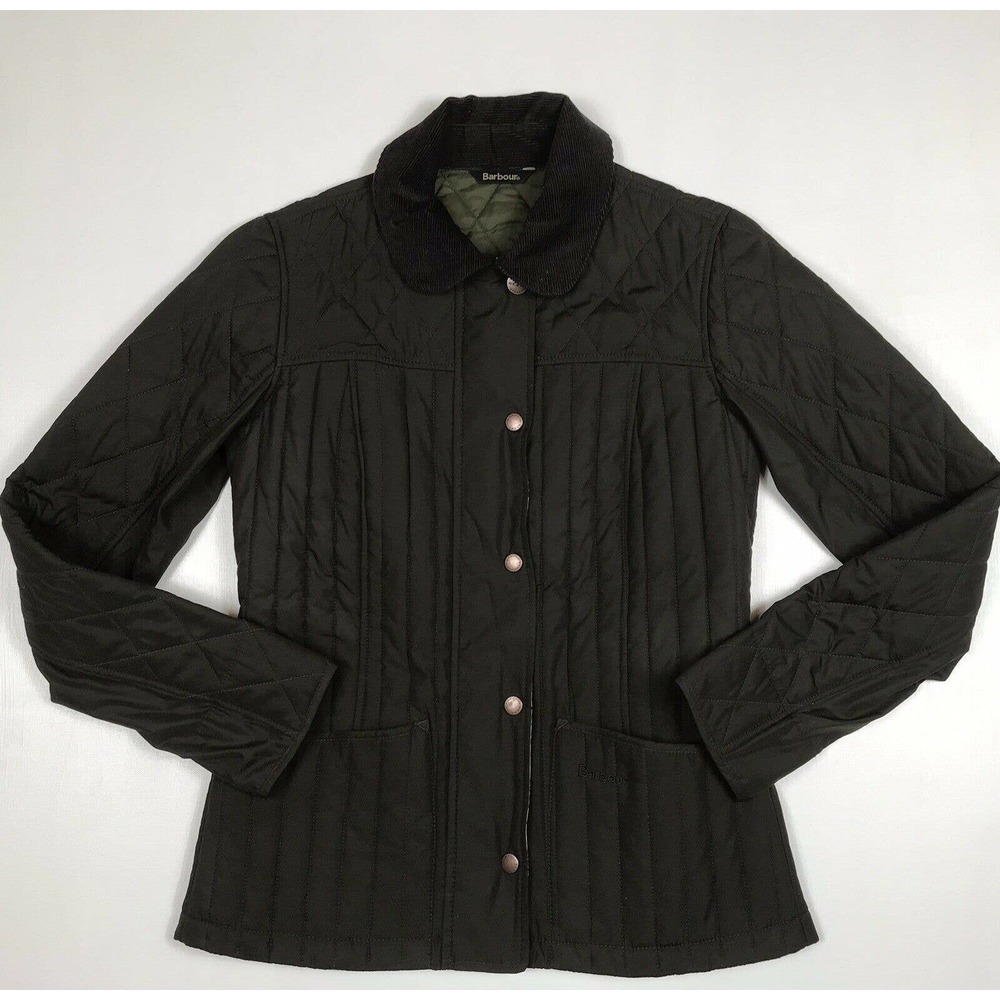 Barbour US Size 6 Fly Fishing Rows Quilted Jacket Dark Olive Green Womens